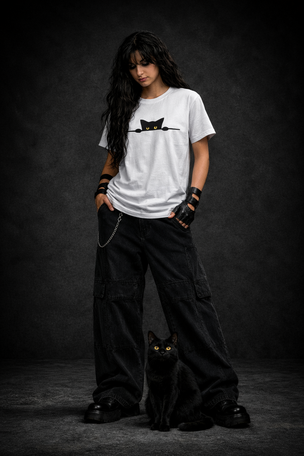 Midnight Peek – 180 GSM Embroidered Cat Tee