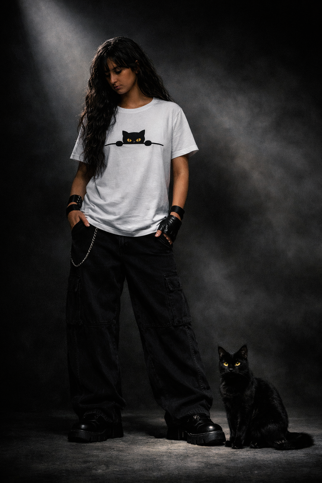 Midnight Peek – 180 GSM Embroidered Cat Tee